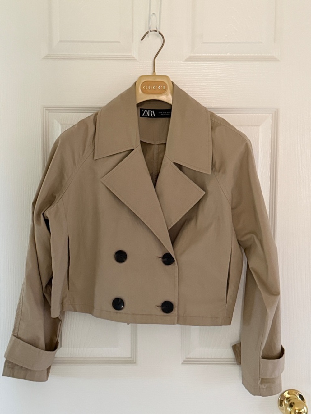 Zara Cropped Double-Breasted Trench Jacket in Khaki